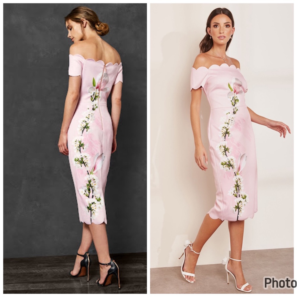 Ted Baker Pink Floral Off-Shoulder Scallop Midi Dress